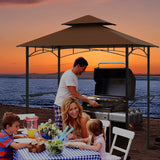 Outdoor Double-Tiered Grill Gazebo Canopy with 2 Shelves and 7 Hooks-Coffee