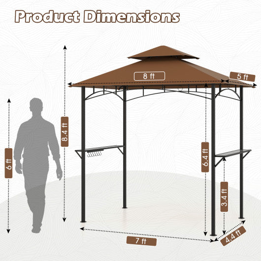 Outdoor Double-Tiered Grill Gazebo Canopy with 2 Shelves and 7 Hooks-Coffee