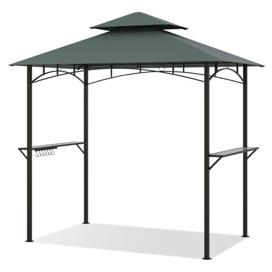 Outdoor Double-Tiered Grill Gazebo Canopy with 2 Shelves and 7 Hooks-Gray