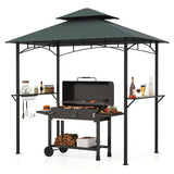 Outdoor Double-Tiered Grill Gazebo Canopy with 2 Shelves and 7 Hooks-Gray