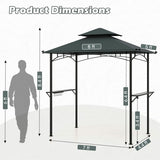 Outdoor Double-Tiered Grill Gazebo Canopy with 2 Shelves and 7 Hooks-Gray