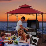 Outdoor Double-Tiered Grill Gazebo Canopy with 2 Shelves and 7 Hooks-Red