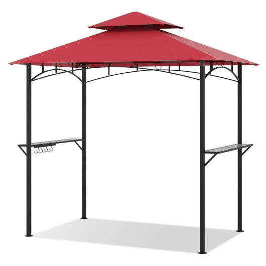 Outdoor Double-Tiered Grill Gazebo Canopy with 2 Shelves and 7 Hooks-Red