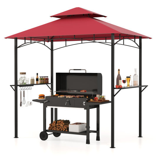 Outdoor Double-Tiered Grill Gazebo Canopy with 2 Shelves and 7 Hooks-Red