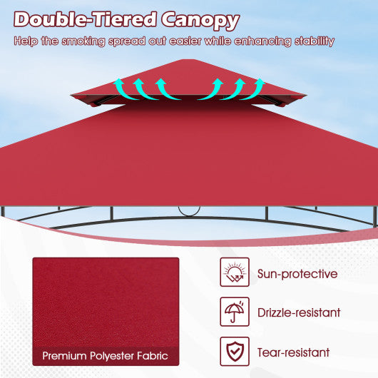 Outdoor Double-Tiered Grill Gazebo Canopy with 2 Shelves and 7 Hooks-Red