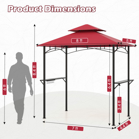 Outdoor Double-Tiered Grill Gazebo Canopy with 2 Shelves and 7 Hooks-Red