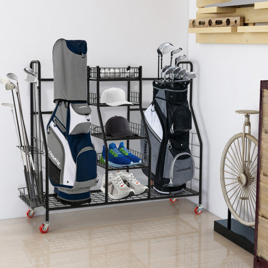 Double Golf Bag Rack with Removable Golf Club Stand and Wheels-Black