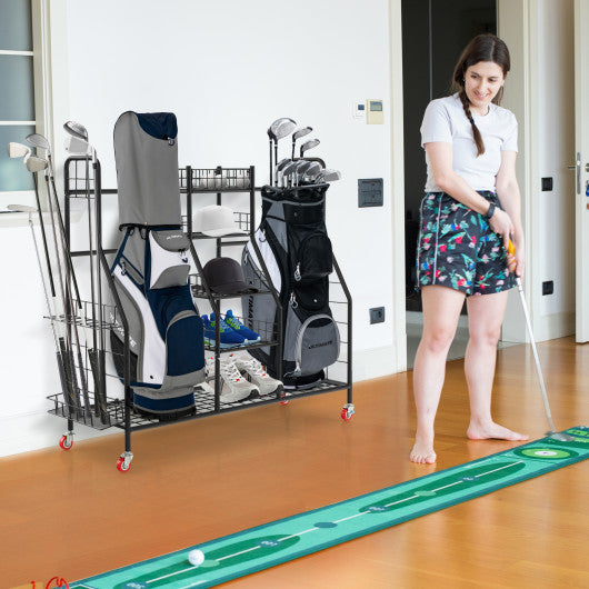 Double Golf Bag Rack with Removable Golf Club Stand and Wheels-Black