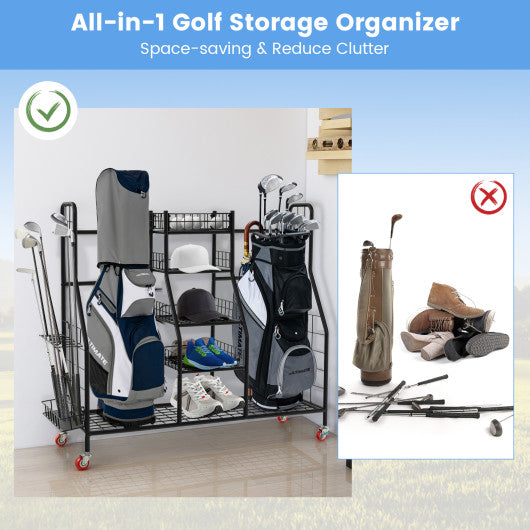 Double Golf Bag Rack with Removable Golf Club Stand and Wheels-Black