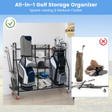 Double Golf Bag Rack with Removable Golf Club Stand and Wheels-Black