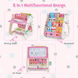 3-In-1 Double Sided Magnetic Dry-Erase Board with Stool and Flipped Writing Desktop-Pink