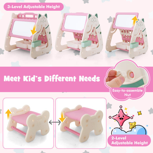 3-In-1 Double Sided Magnetic Dry-Erase Board with Stool and Flipped Writing Desktop-Pink
