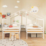 Double Twin Size Wooden Bed Frames with Built-in Table for Kids-White