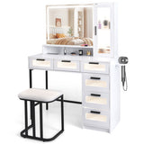 Makeup Vanity Dressing Table and Stool Set with Lights and Charging Station-White