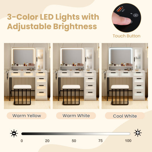 Makeup Vanity Dressing Table and Stool Set with Lights and Charging Station-White
