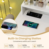 Makeup Vanity Dressing Table and Stool Set with Lights and Charging Station-White