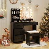Makeup Vanity Desk Dressing Table and Stool Set with Mirror and Lights-Black