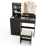 Makeup Vanity Desk Dressing Table and Stool Set with Mirror and Lights-Black