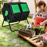 Dual Chamber Garden Compost Tumbler with Sliding Doors-Black & Green