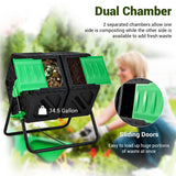 Dual Chamber Garden Compost Tumbler with Sliding Doors-Black & Green