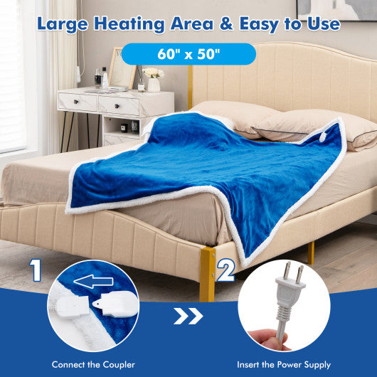 Electric Heated Blanket Throw Reversible Flannel and Sherpa Blanket-Blue