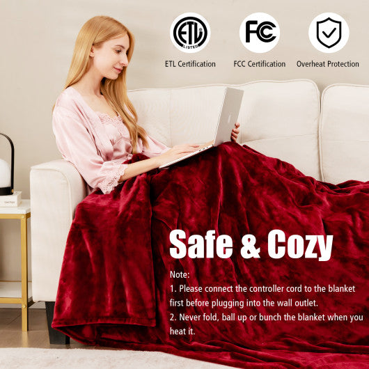 62 x 84 Inch Twin Size Electric Heated Throw Blanket with Timer-Red