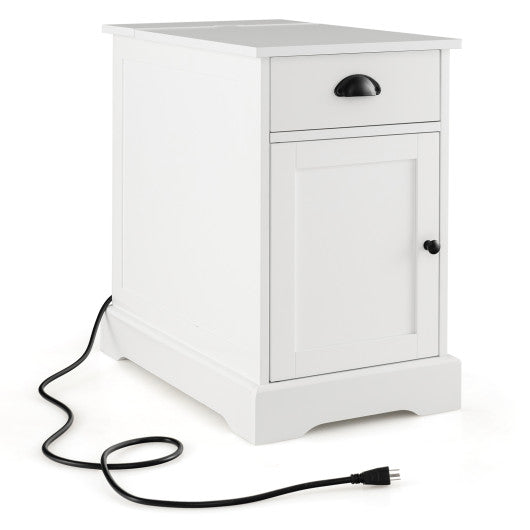 End Table with Charging Station and Flip Top-White
