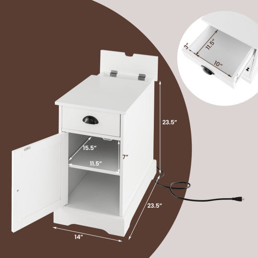 End Table with Charging Station and Flip Top-White