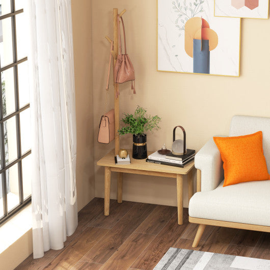 End Table with Coat Rack Solid Wood Coat Tree with 2-in-1 Side Table-Natural