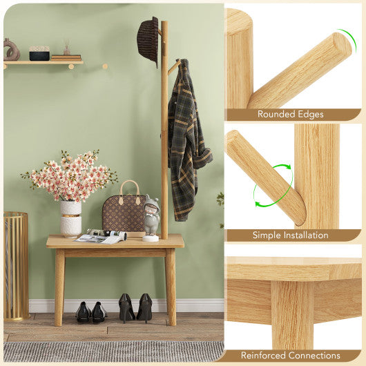 End Table with Coat Rack Solid Wood Coat Tree with 2-in-1 Side Table-Natural