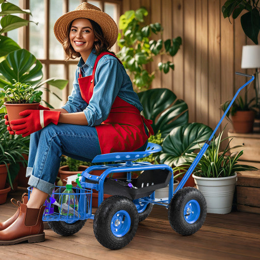 Extendable Handle Garden Cart Rolling Wagon Scooter-Blue