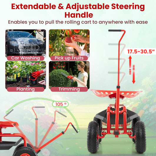 Extendable Handle Garden Cart Rolling Wagon Scooter-Red