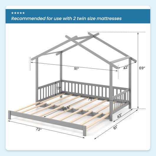 Extendable House Bed Twin to King Daybed with Roof and Fence Rails-Gray