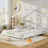 Extendable House Bed Twin to King Daybed with Roof and Fence Rails-White