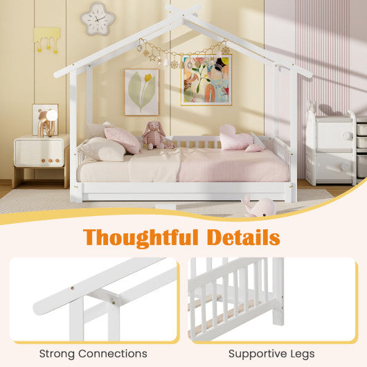 Extendable House Bed Twin to King Daybed with Roof and Fence Rails-White