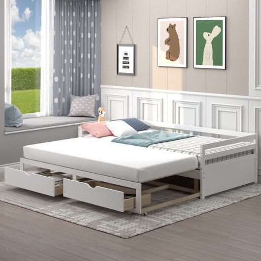 Extendable Twin to King Daybed with Trundle and 2 Storage Drawers-White