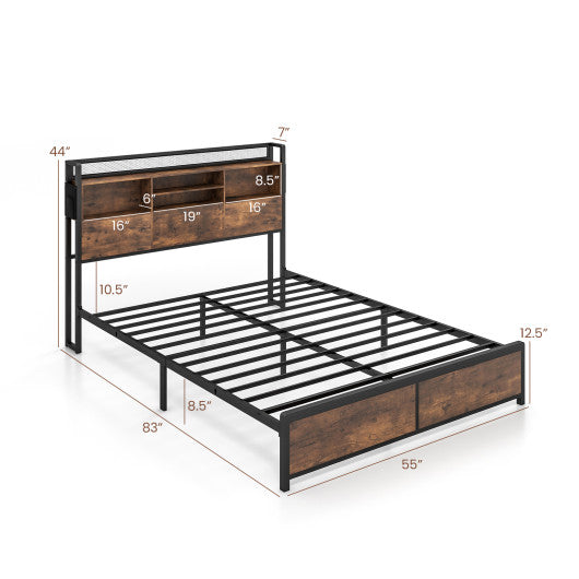 Full/Queen Size Bed Frame with 3-Tier Bookcase Headboard and Charging Station-Full Size