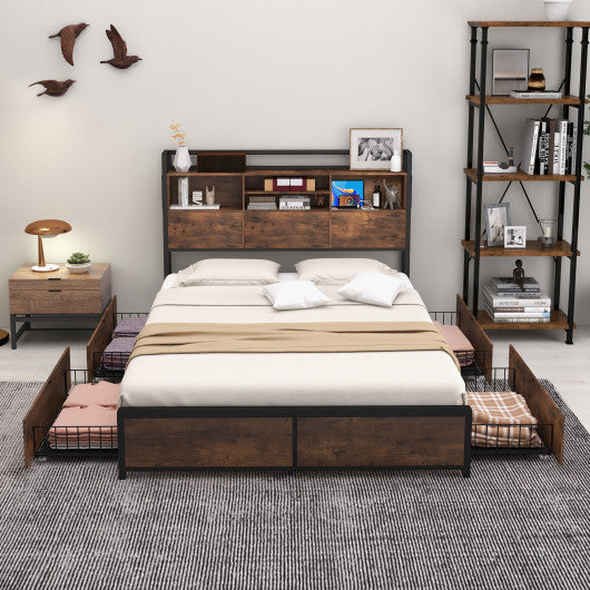 Full/Queen Size Bed Frame with Bookcase Headboard and 4 Storage Drawers-Full Size