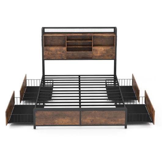 Full/Queen Size Bed Frame with Bookcase Headboard and 4 Storage Drawers-Full Size