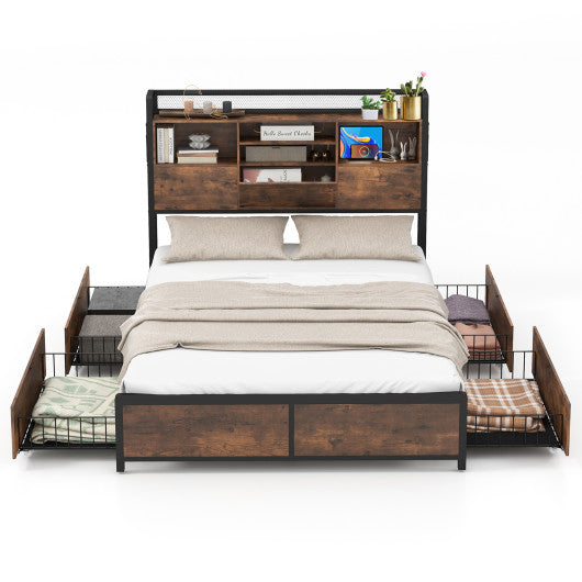Full/Queen Size Bed Frame with Bookcase Headboard and 4 Storage Drawers-Full Size