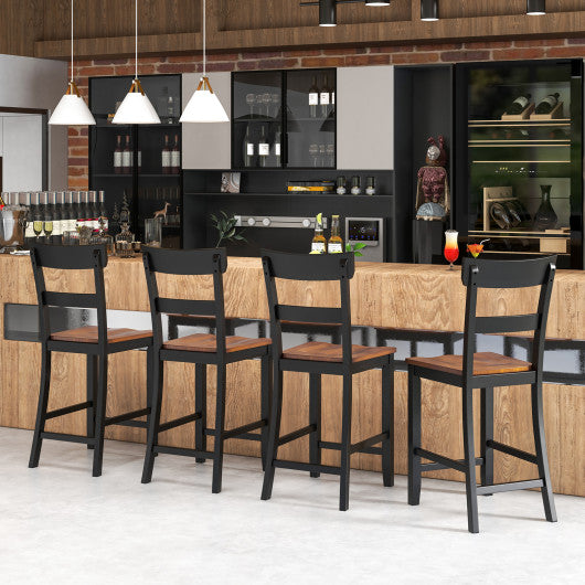 Farmhouse Dining Bar Stool Set of 2 with Solid Rubber Wood Frame-Black