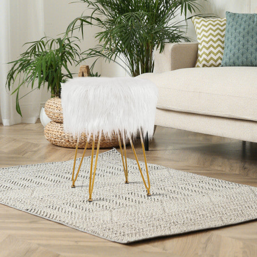 Faux Fur Vanity Stool Chair with Metal Legs for Bedroom and Living Room-White