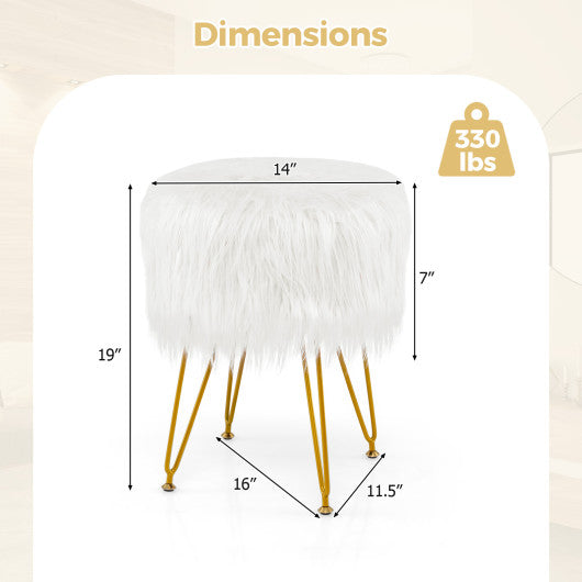 Faux Fur Vanity Stool Chair with Metal Legs for Bedroom and Living Room-White
