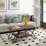 2-Tier Faux Marble Coffee Table with Marble Top and Metal Frame-Rustic Brown