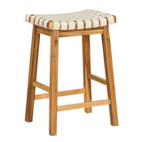 Faux PU Leather Bar Stools Set of 2 with Woven Curved Seat Natural-25.5 inches