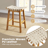 Faux PU Leather Bar Stools Set of 2 with Woven Curved Seat Natural-25.5 inches