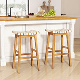 Faux PU Leather Bar Stools Set of 2 with Woven Curved Seat Natural-31 inches