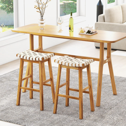 Faux PU Leather Bar Stools Set of 2 with Woven Curved Seat Natural-31 inches