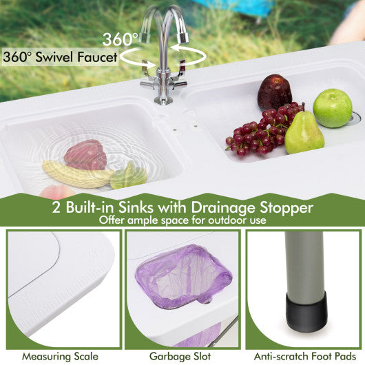 Fish Cleaning Table with 2 Sinks and 360° Rotatable Fauce-White