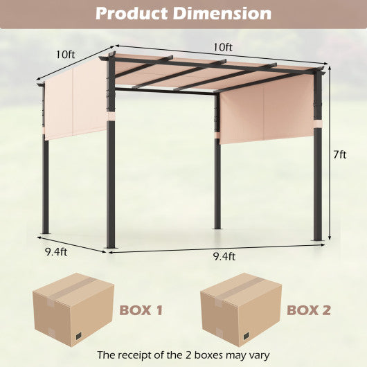 10 x 10 ft Flat Top Pergola with Retractable Canopy for Garden Pool Porch and Backyard-Beige